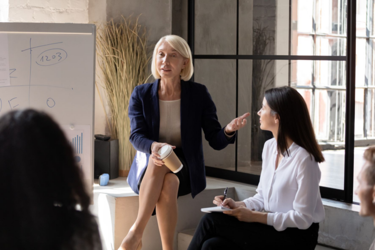 woman talking in corporate office