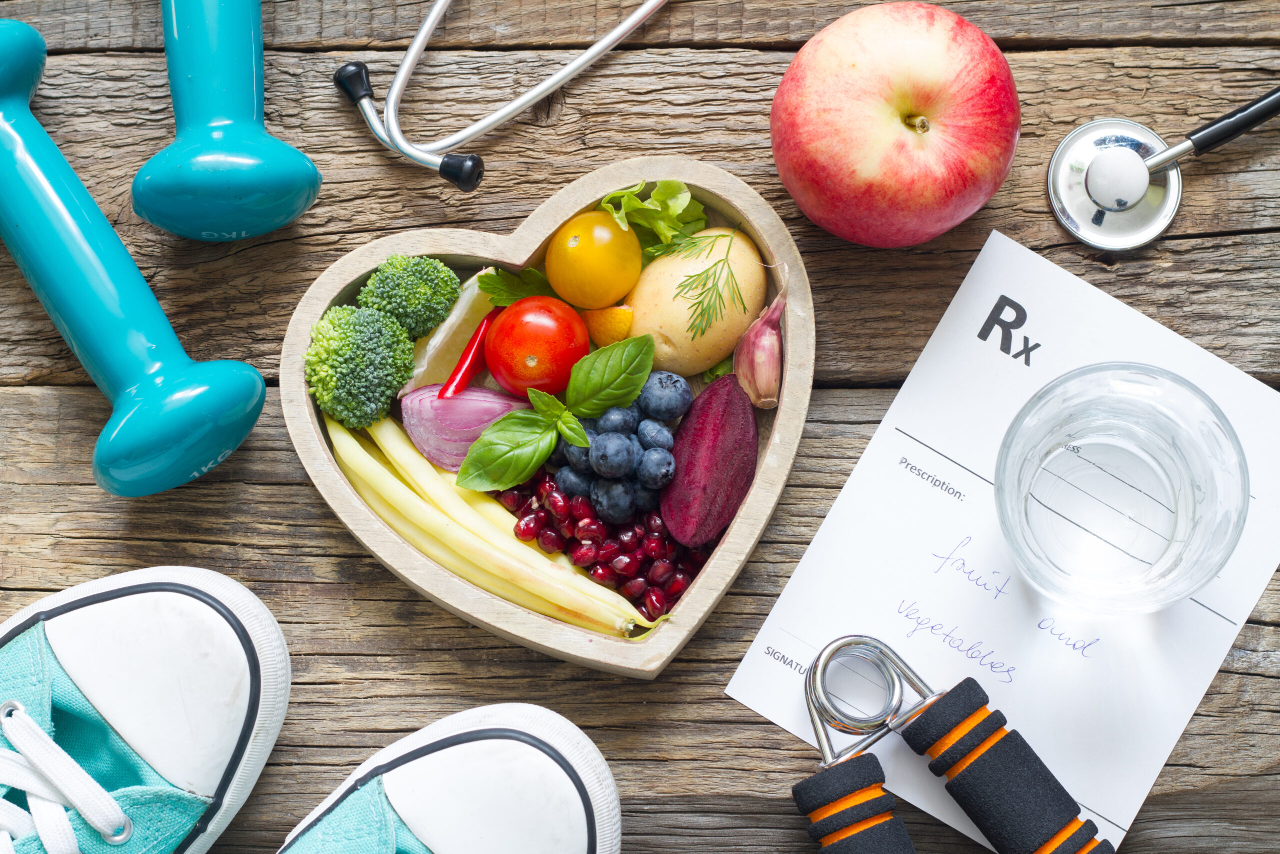 healthy habits blog cover shows running shoes, exercise equipment and healthy food