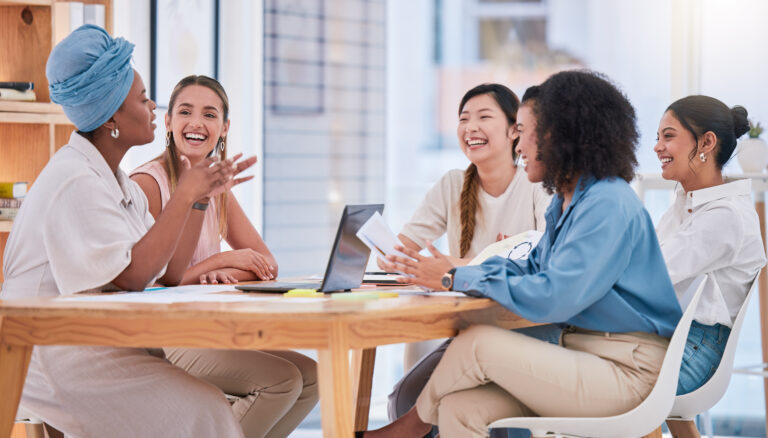 woman talking during casual meeting in corporate office