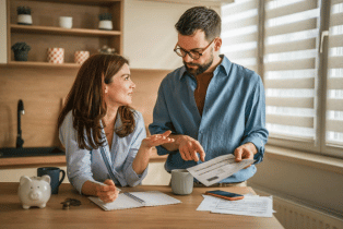 Couple going over their finances at the kitchen table