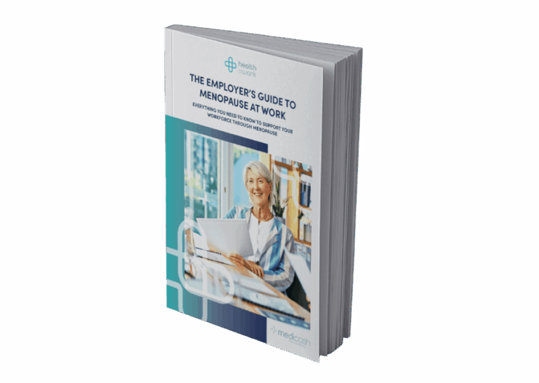 Front cover of the employer's guide to menopause at work shows guide details and a lady pictured smiling in a work environment